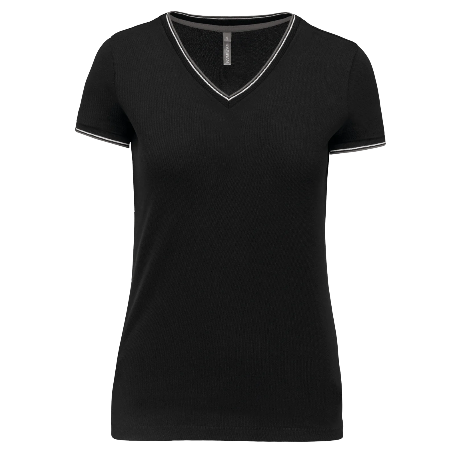T-shirt maille piquée col V femme K394 — Black / Light Grey / White