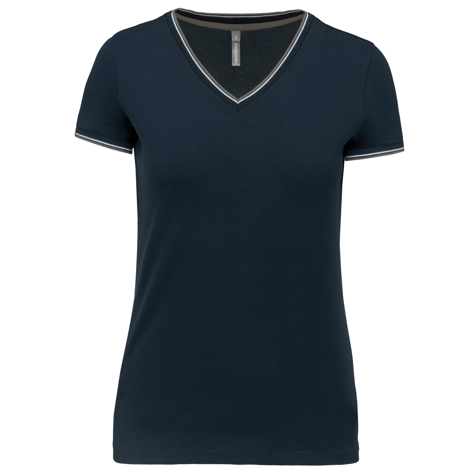 T-shirt maille piquée col V femme K394 — Navy / Light Grey / White