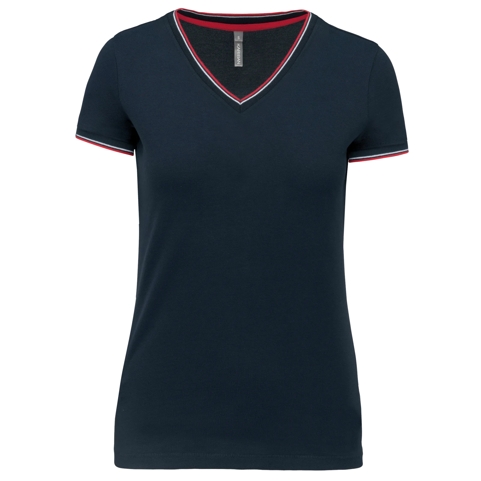 T-shirt maille piquée col V femme K394 — Navy / Red / White