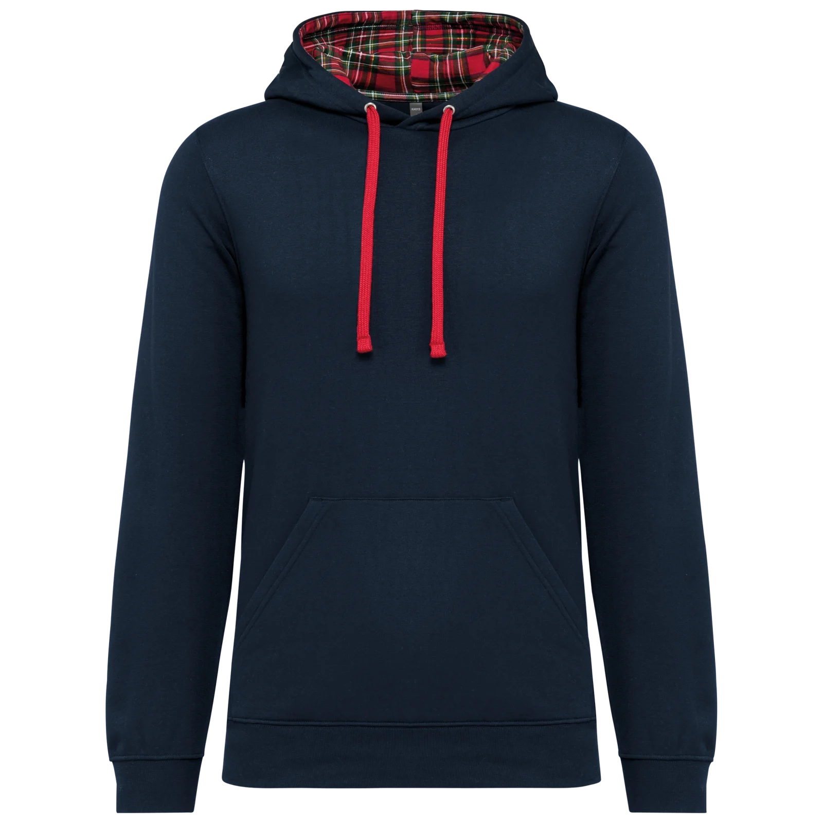 Sweat-shirt à capuche contrastée à motifs unisexe K4013 — Navy / Red Tartan