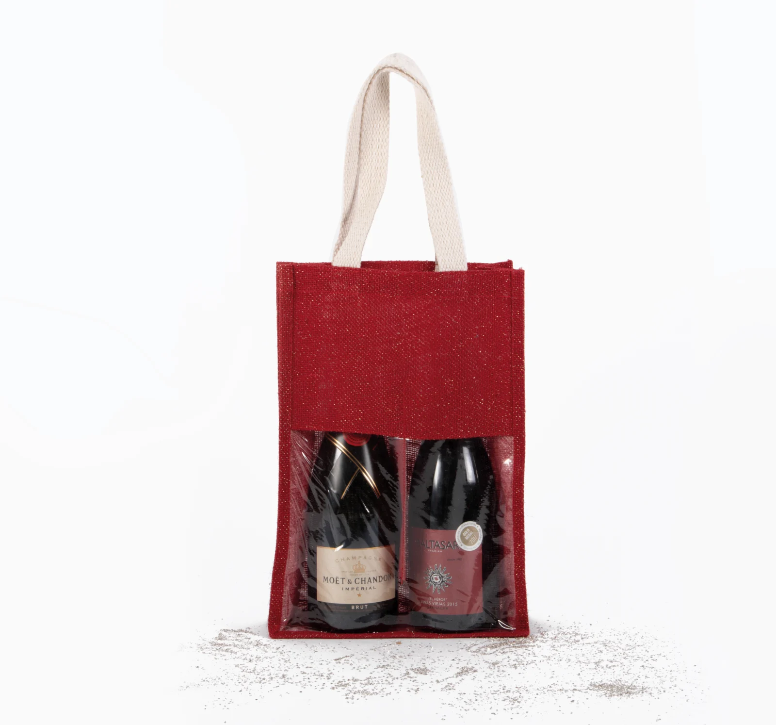 Sac porte-bouteilles en jute KI0268 — Cherry Red / Gold