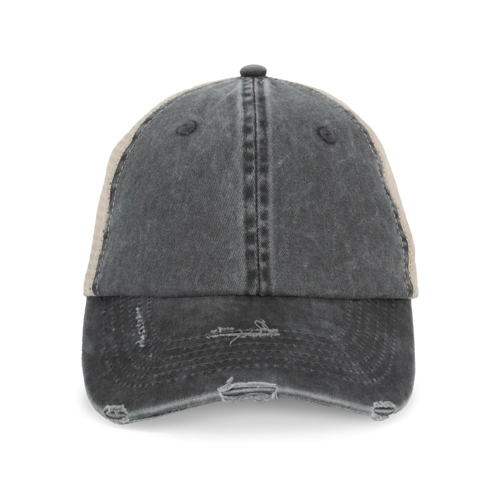 Casquette trucker écoresponsable effet déchiré unisexe NS027 — Washed black / Beige