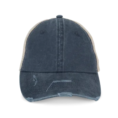 Casquette trucker écoresponsable effet déchiré unisexe NS027 — Washed Navy Blue / Beige