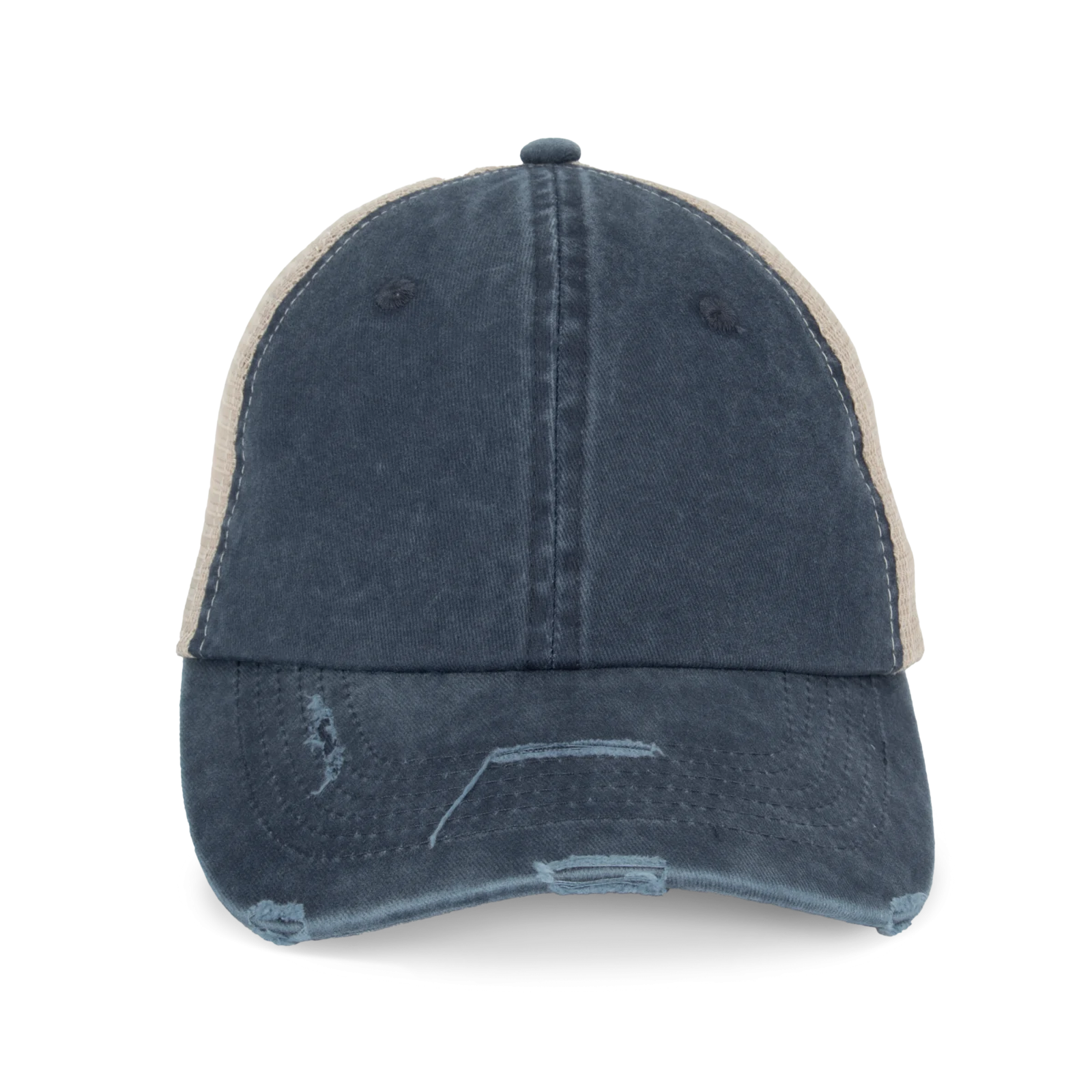 Casquette trucker écoresponsable effet déchiré unisexe NS027 — Washed Navy Blue / Beige