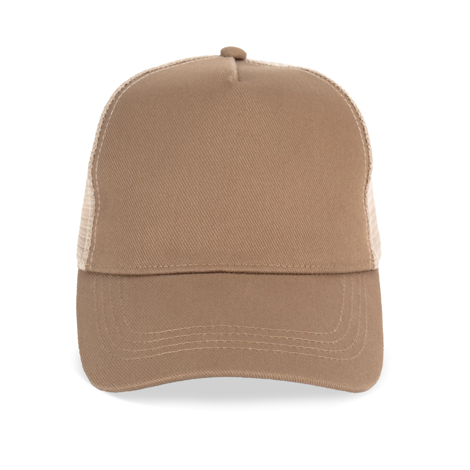 Casquette trucker écoresponsable 5 panneaux unisexe NS035 — Dark camel / Beige