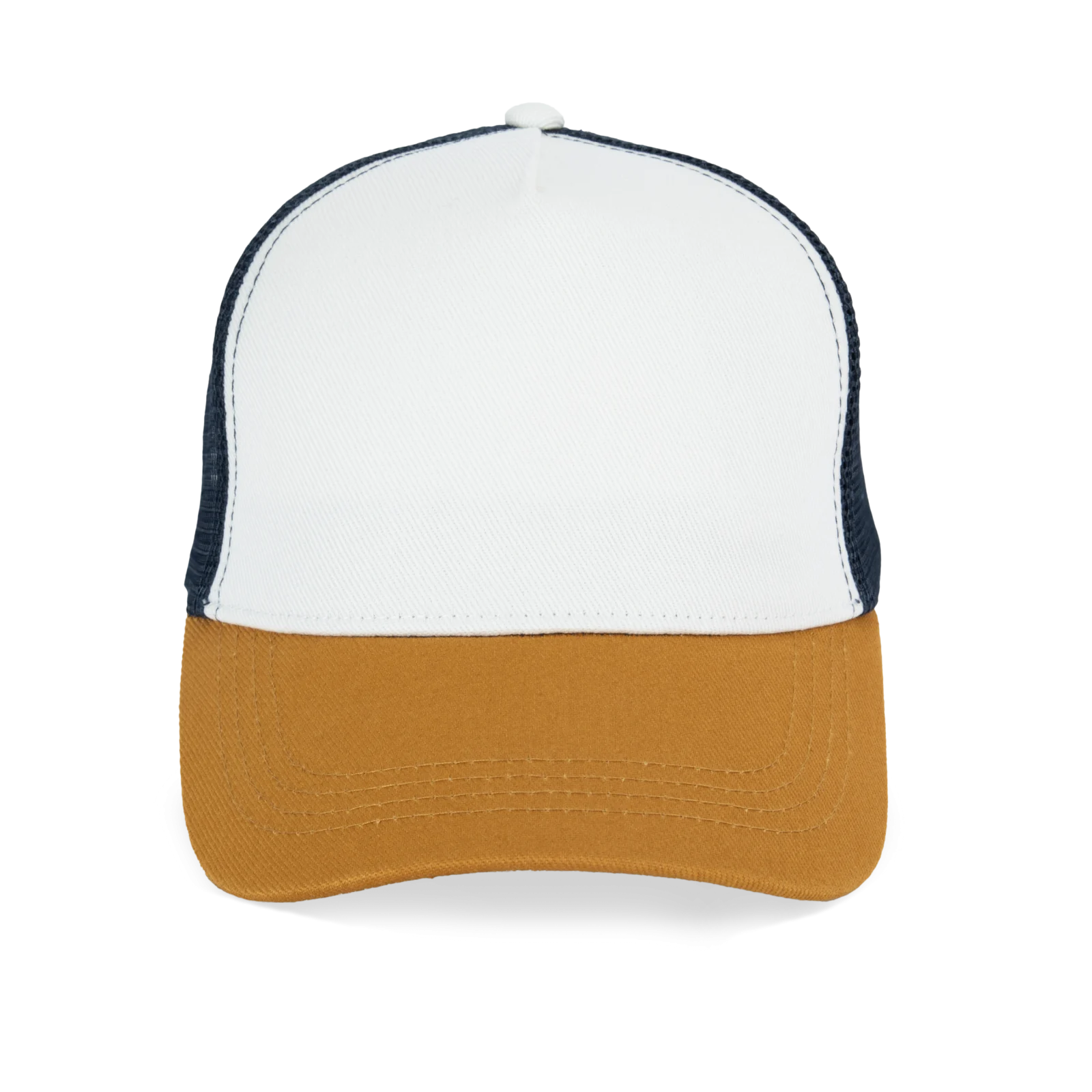 Casquette trucker écoresponsable 5 panneaux unisexe NS035 — Ivory / Curcuma / Navy Blue