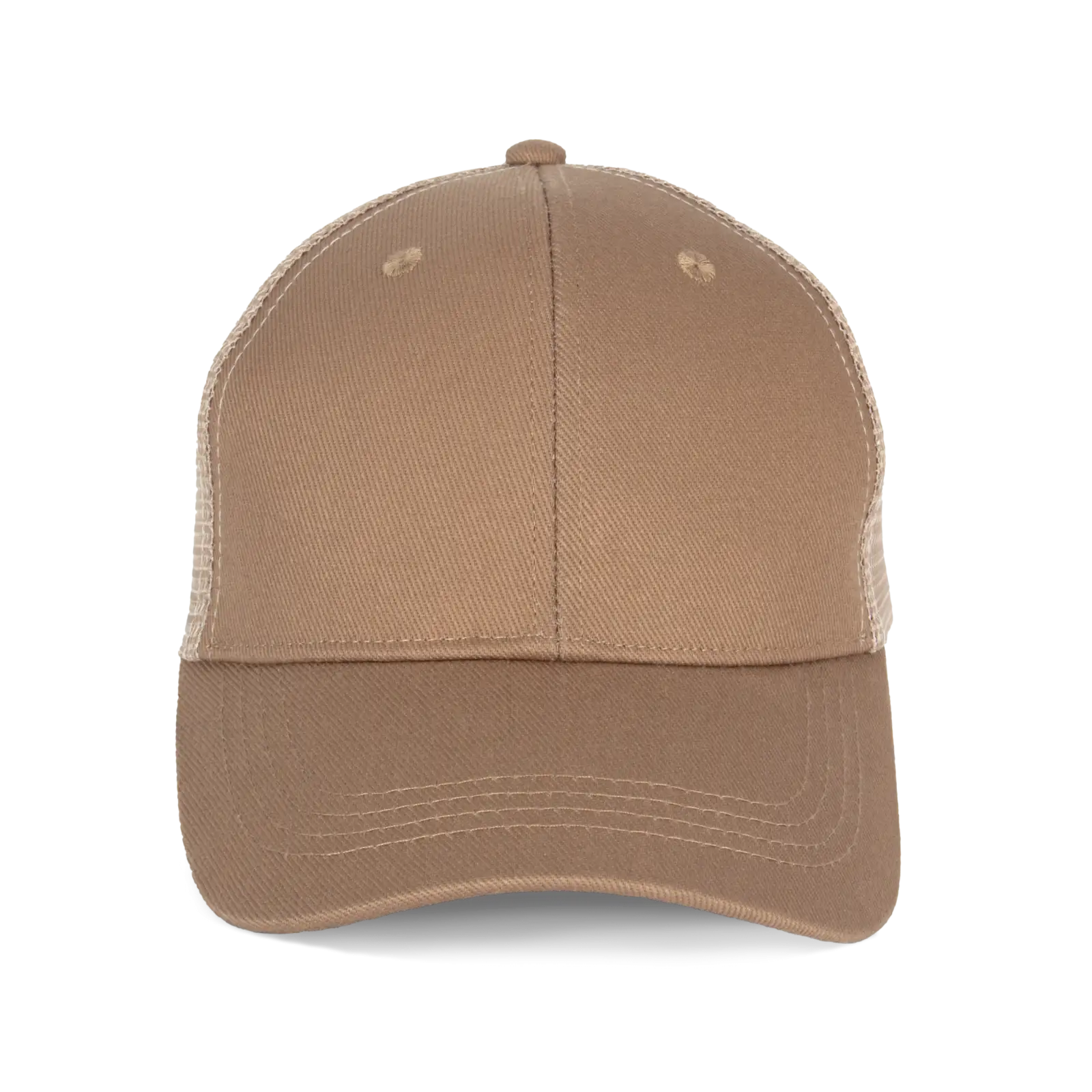 Casquette trucker écoresponsable 6 panneaux unisexe NS036 — Dark camel / Beige