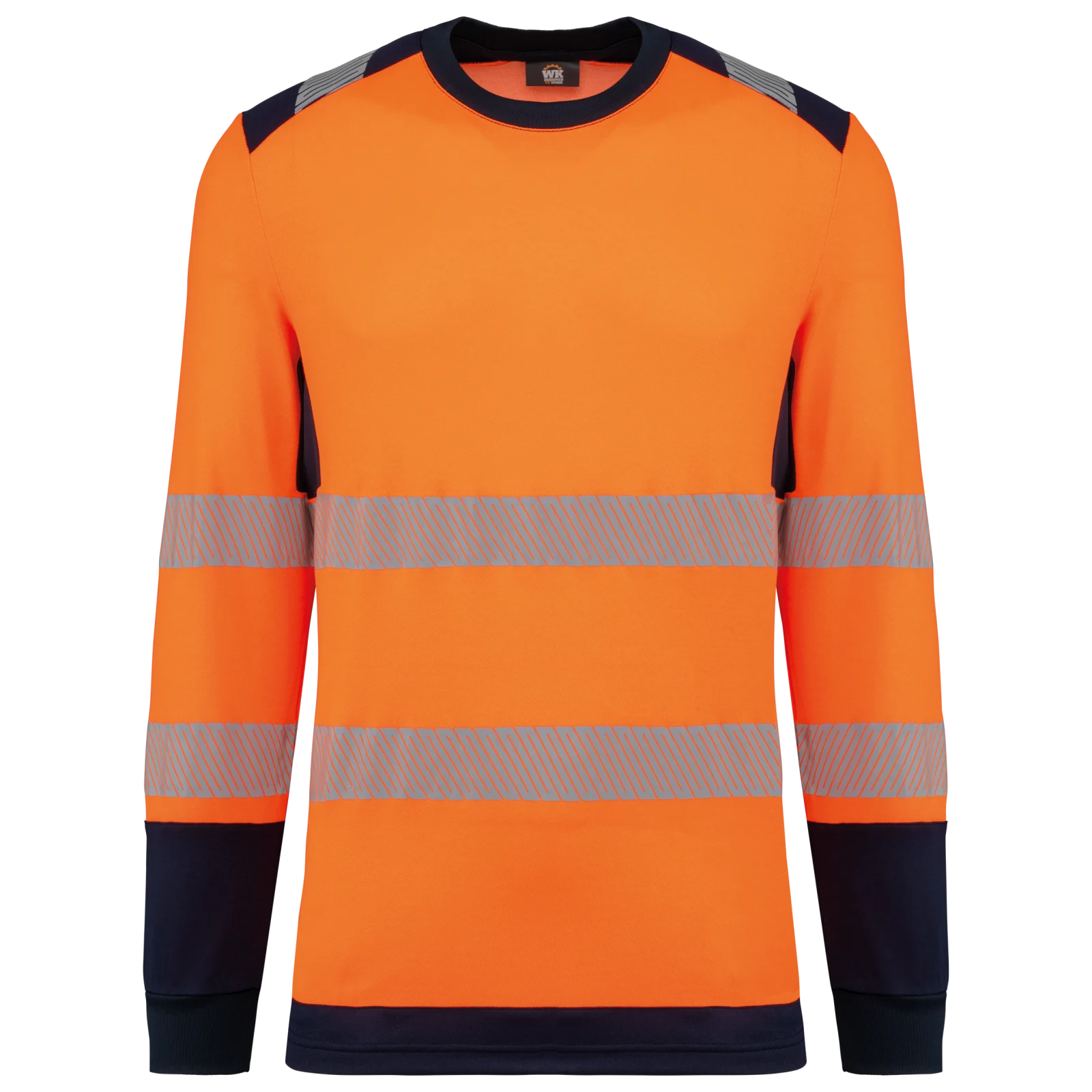 T-shirt de sécurité recyclé col rond manches longues unisexe WK361 — Hi Viz Orange / Navy