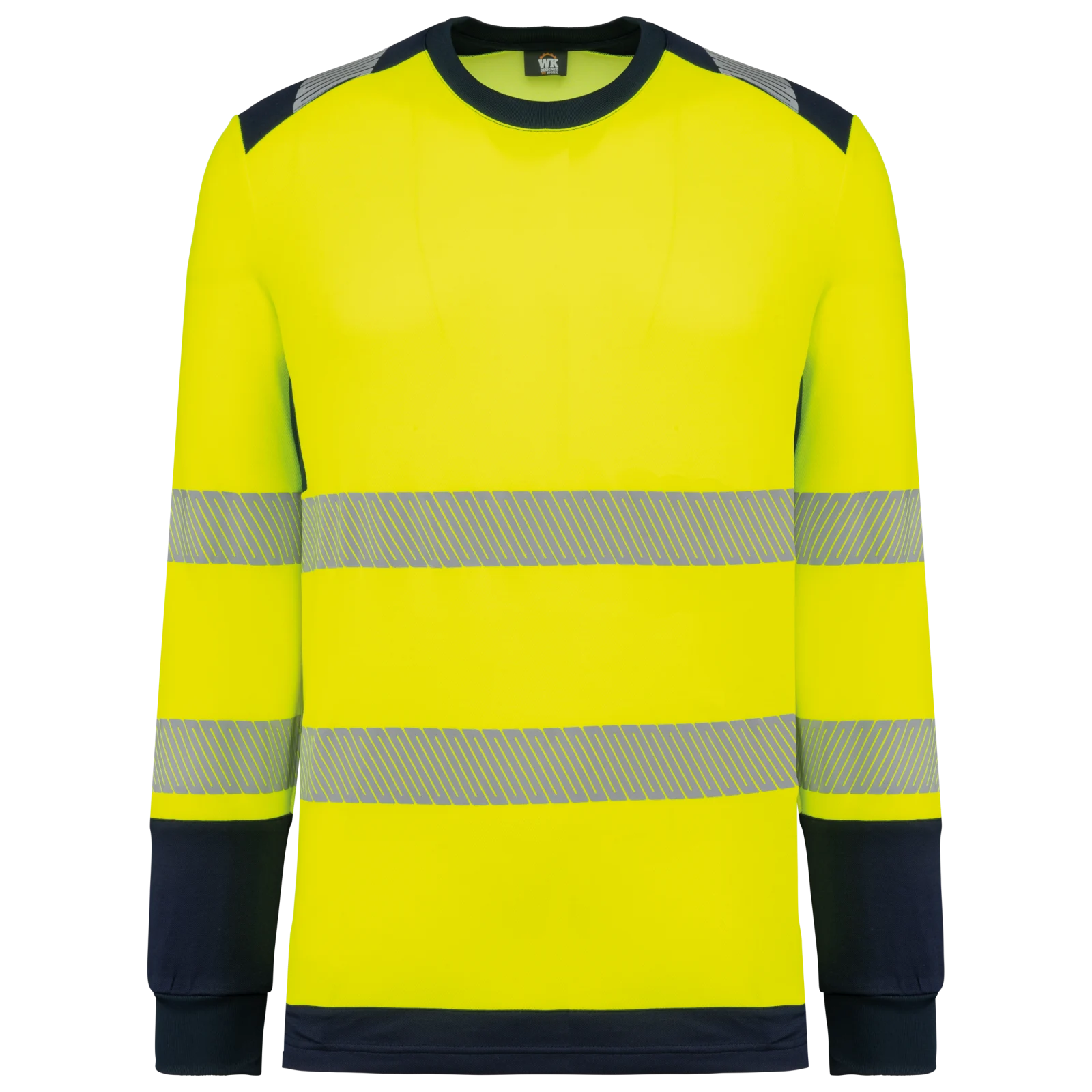 T-shirt de sécurité recyclé col rond manches longues unisexe WK361 — Hi Viz Yellow / Navy